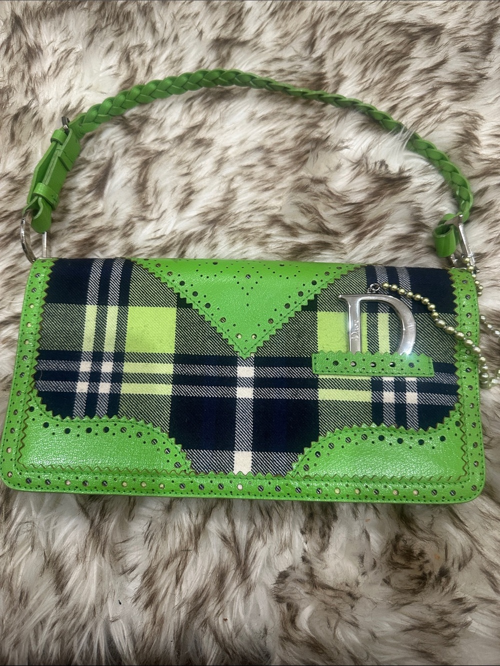 DIOR Green Plaid Bag with Silver 'D' DIOR details & Charm pearl chain